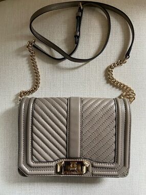 Rebecca Minkoff Taupe Quilted Chevron Leather Crossbody with Gold Chain